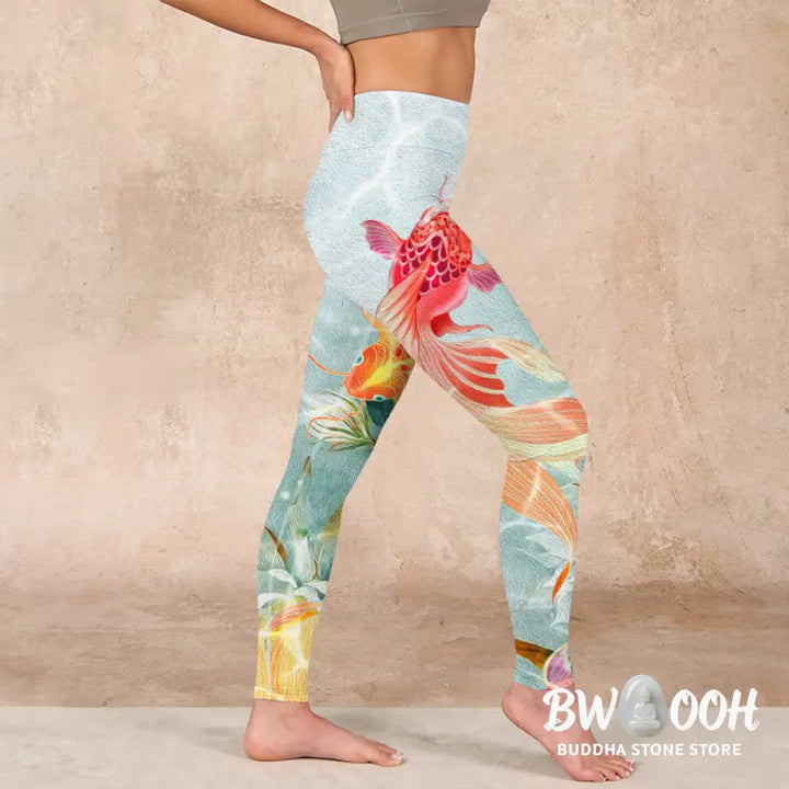 BWOOOH lotus print yoga leggings - Green Koi Fish White Lotus Water Ripples