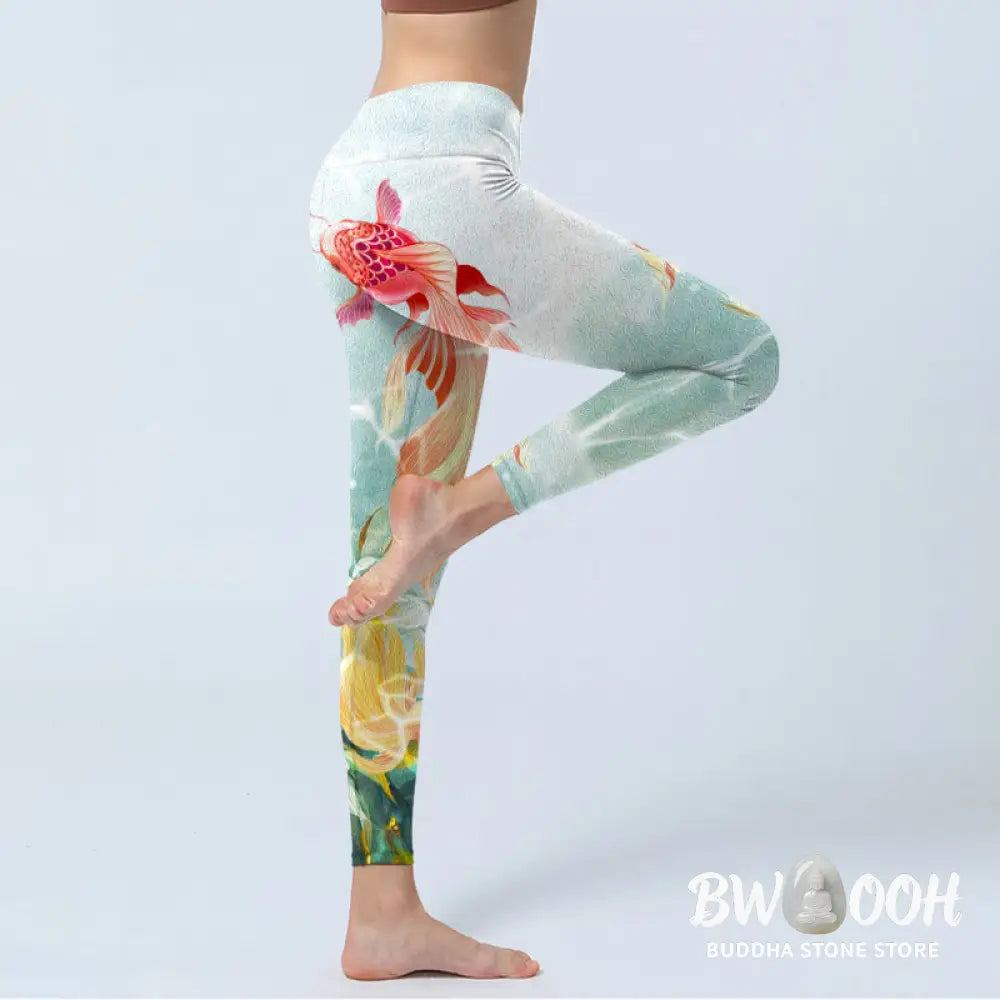 BWOOOH lotus print yoga leggings - Green Koi Fish White Lotus Water Ripples