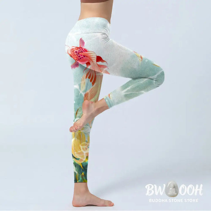 BWOOOH lotus print yoga leggings - Green Koi Fish White Lotus Water Ripples