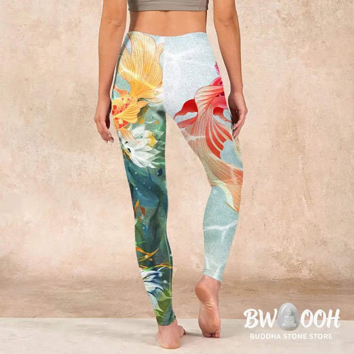 BWOOOH lotus print yoga leggings - Green Koi Fish White Lotus Water Ripples