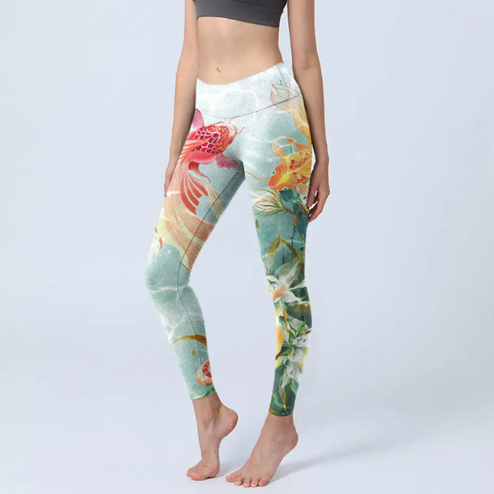BWOOOH lotus print yoga leggings - Green Koi Fish White Lotus Water Ripples