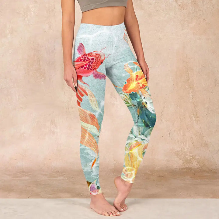 BWOOOH lotus print yoga leggings - Green Koi Fish White Lotus Water Ripples