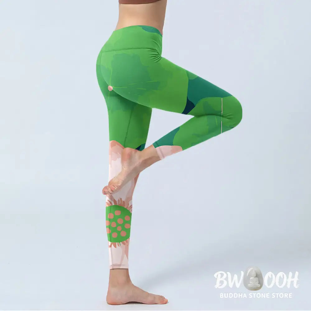 BWOOOH lotus print yoga leggings - Green Lotus Flower Leaf Print Sports Fit