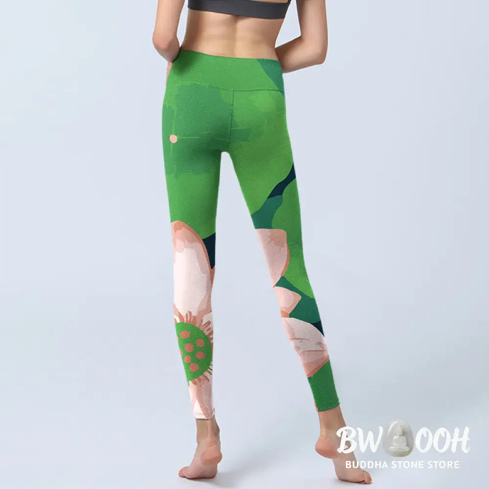 BWOOOH lotus print yoga leggings - Green Lotus Flower Leaf Print Sports Fit