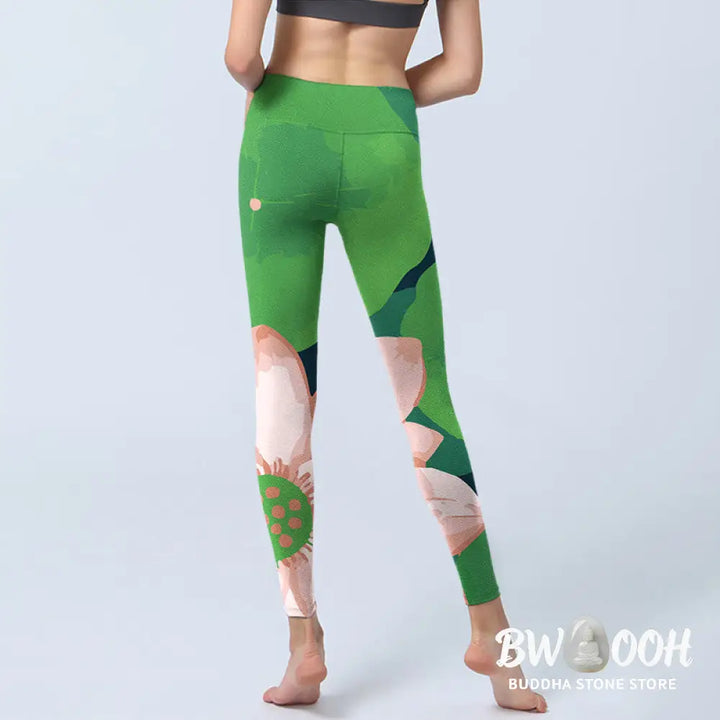BWOOOH lotus print yoga leggings - Green Lotus Flower Leaf Print Sports Fit