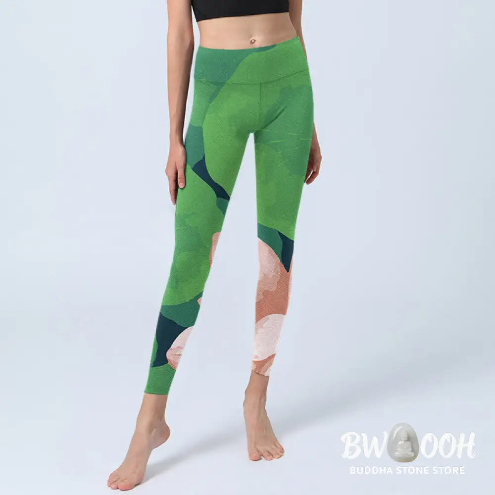 BWOOOH lotus print yoga leggings - Green Lotus Flower Leaf Print Sports Fit