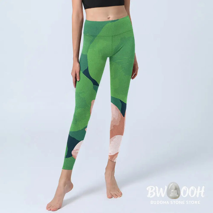 BWOOOH lotus print yoga leggings - Green Lotus Flower Leaf Print Sports Fit