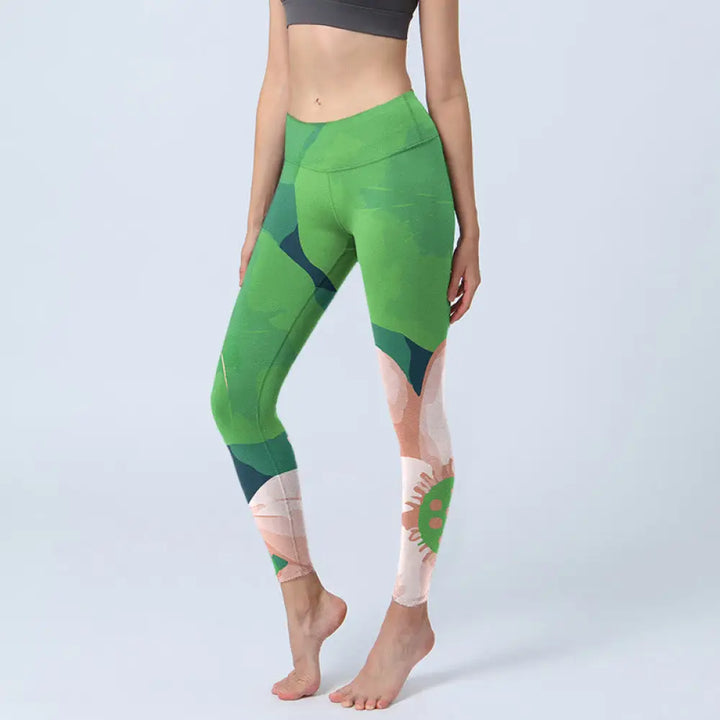 BWOOOH lotus print yoga leggings - Green Lotus Flower Leaf Print Sports Fit