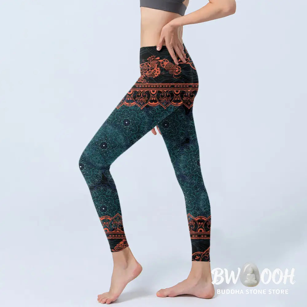 BWOOOH mandala print yoga leggings - Green Mandala Flower Print Gym Fitness L