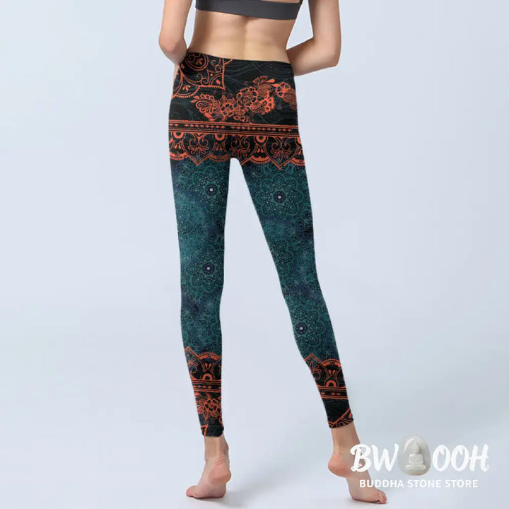 BWOOOH mandala print yoga leggings - Green Mandala Flower Print Gym Fitness L