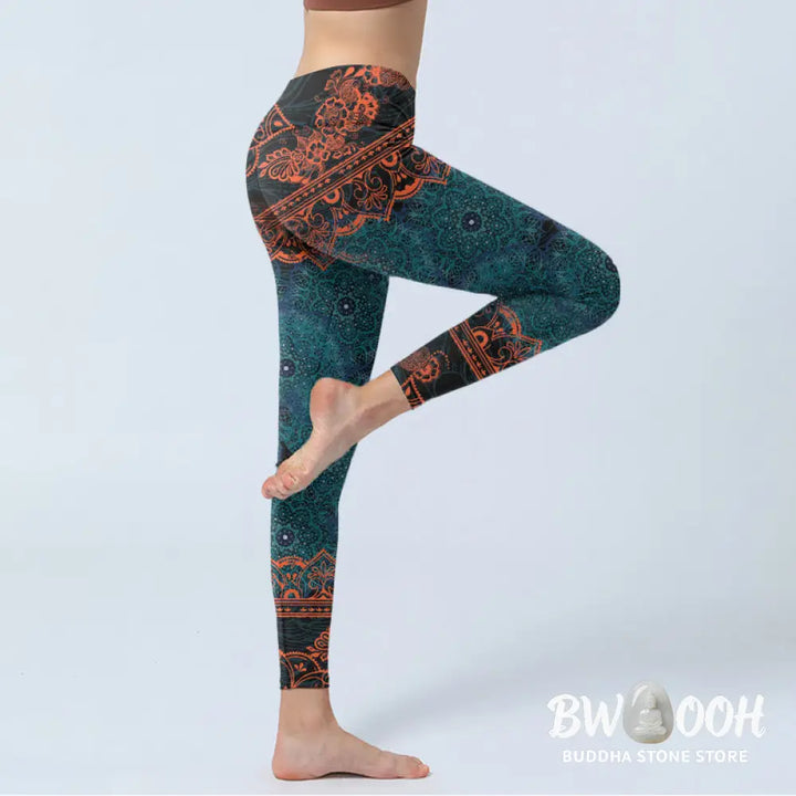 BWOOOH mandala print yoga leggings - Green Mandala Flower Print Gym Fitness L