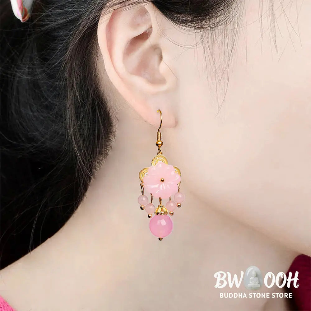 Buddha Stones Green Pink Flower Liuli Glass Drop Earrings - Earrings