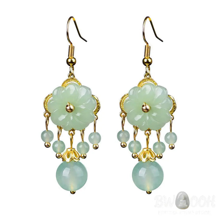 Buddha Stones Green Pink Flower Liuli Glass Drop Earrings - Earrings