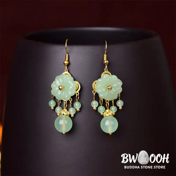 Buddha Stones Green Pink Flower Liuli Glass Drop Earrings - Earrings