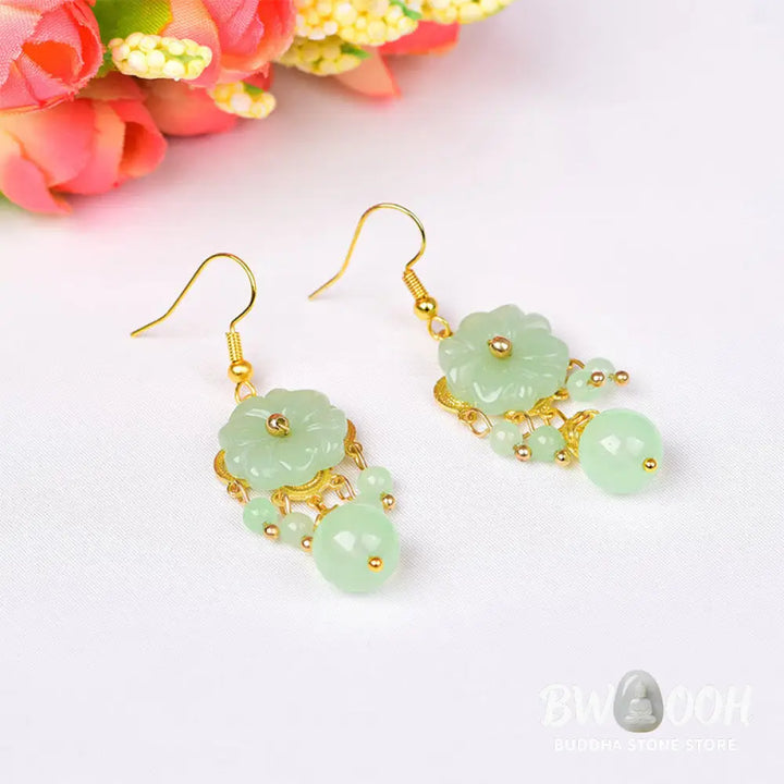 Buddha Stones Green Pink Flower Liuli Glass Drop Earrings - Earrings