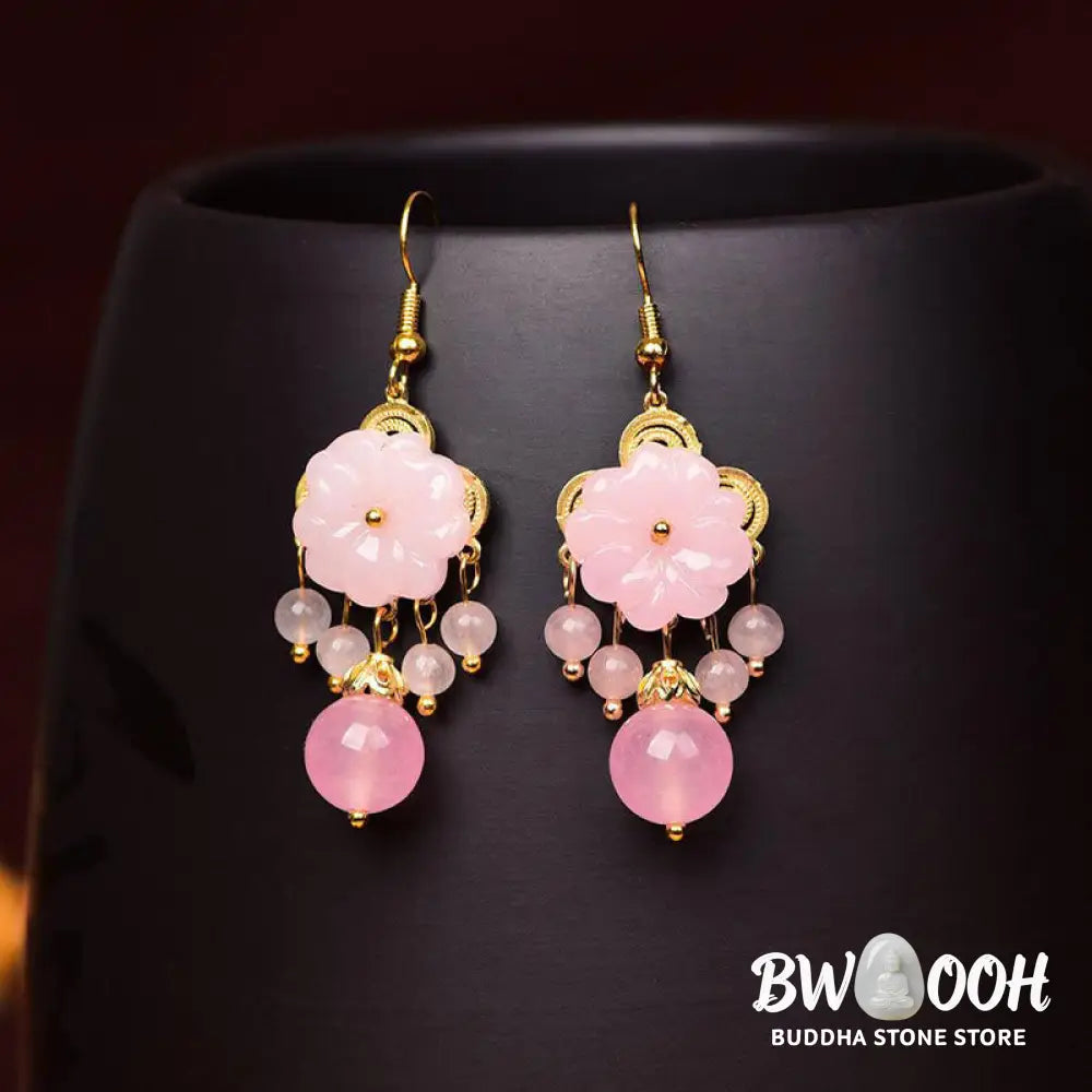 Buddha Stones Green Pink Flower Liuli Glass Drop Earrings - Earrings