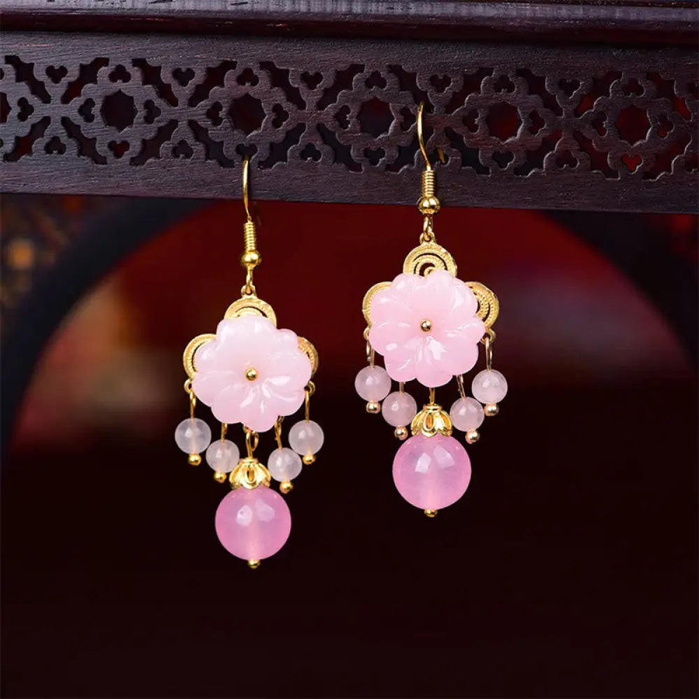 Buddha Stones Green Pink Flower Liuli Glass Drop Earrings - Pink(Copper Posts) - Earrings