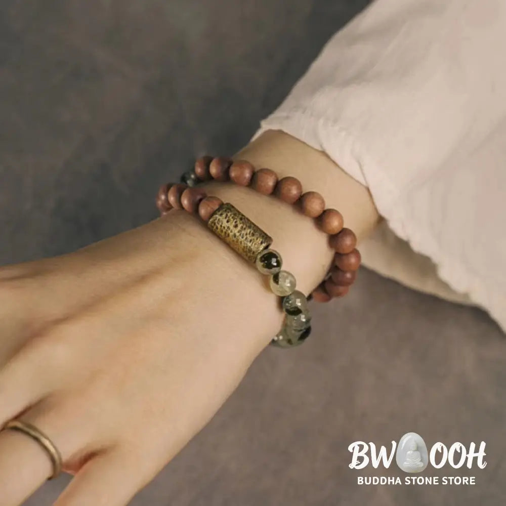 Buddha Stones Green Rutilated Quartz Natural Sandalwood Purification Bracelet - BWOOOH - Bracelet