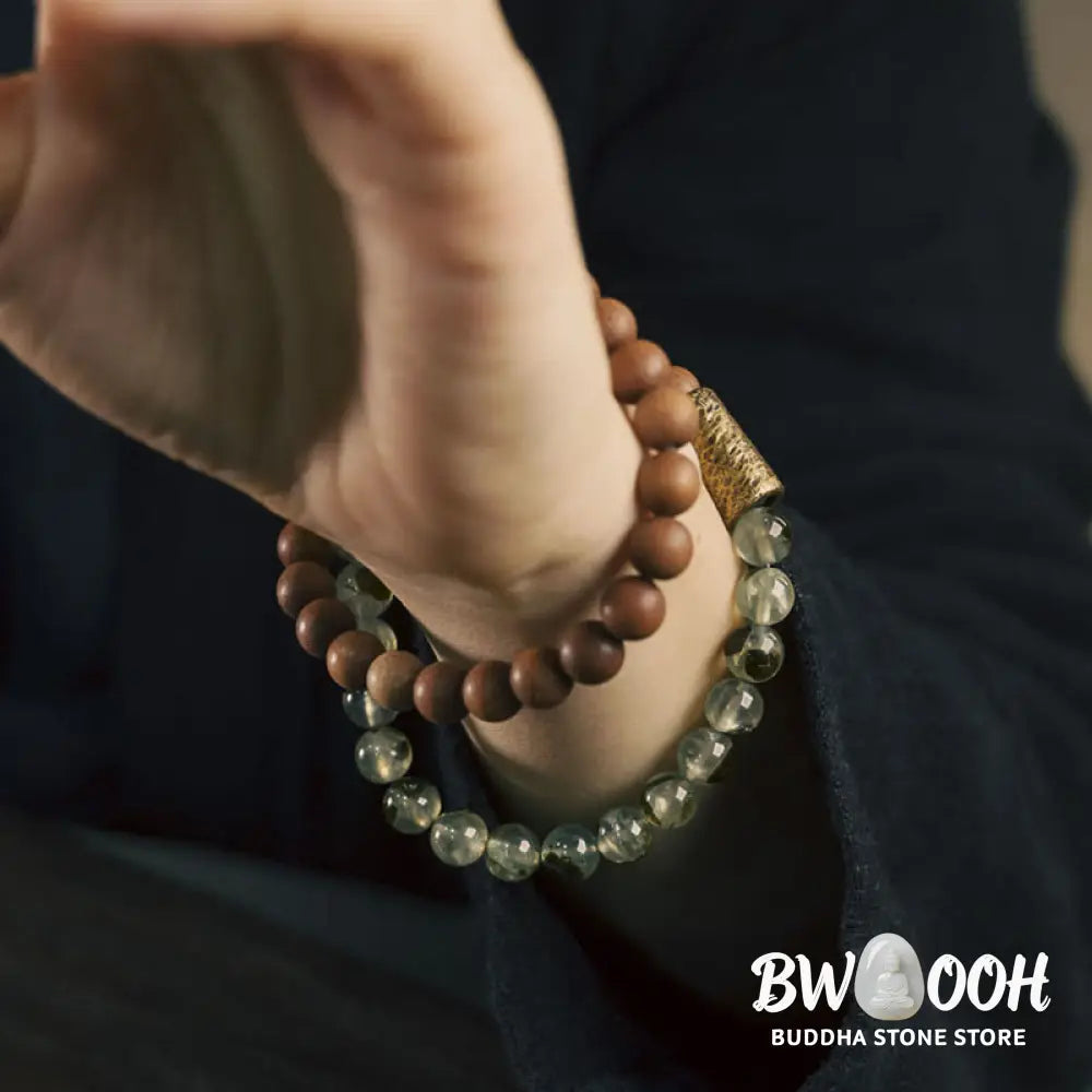 Buddha Stones Green Rutilated Quartz Natural Sandalwood Purification Bracelet - BWOOOH - Bracelet