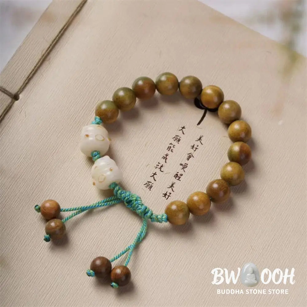 Buddha Stones Green Sandalwood Bodhi Seed Lucky Cat Positive Bracelet - BWOOOH - Green Sandalwood(Wrist Circumference
