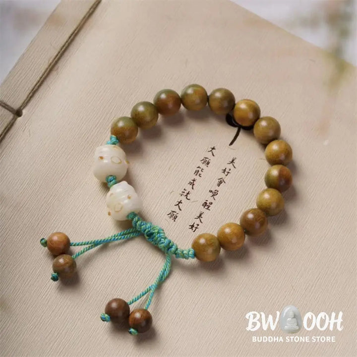 Buddha Stones Green Sandalwood Bodhi Seed Lucky Cat Positive Bracelet - BWOOOH - Green Sandalwood(Wrist Circumference