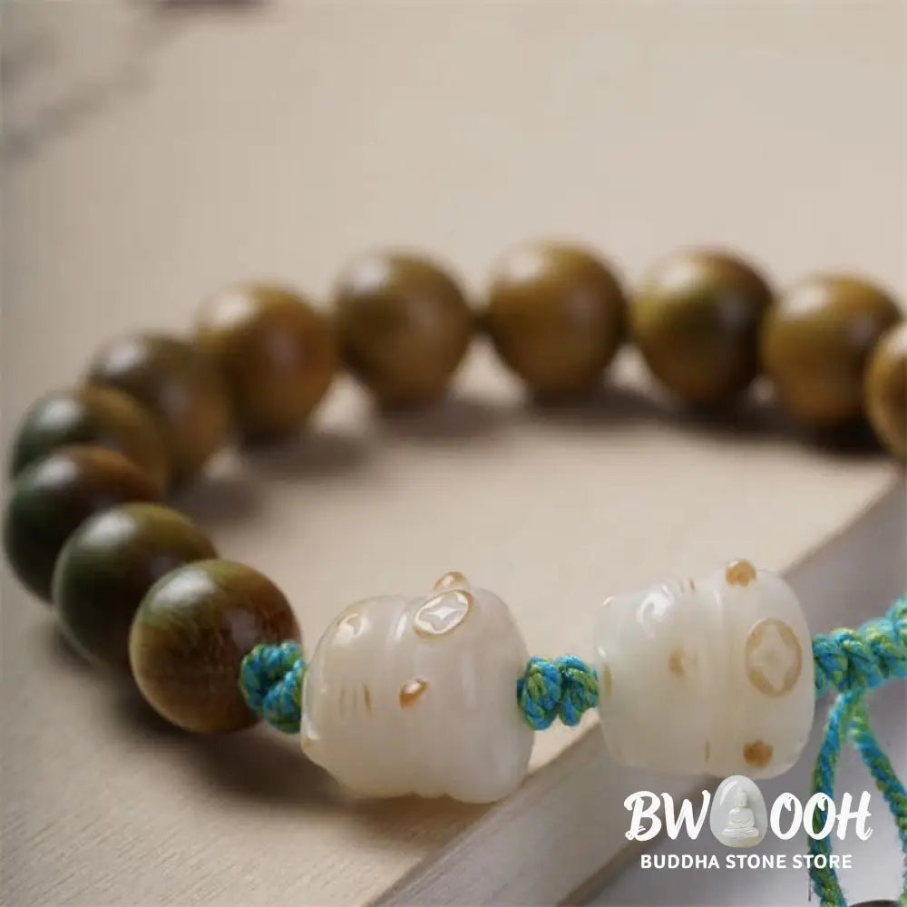 Buddha Stones Green Sandalwood Bodhi Seed Lucky Cat Positive Bracelet - BWOOOH - Green Sandalwood(Wrist Circumference