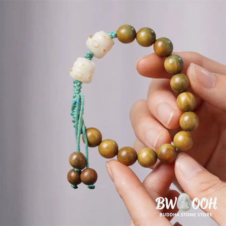 Buddha Stones Green Sandalwood Bodhi Seed Lucky Cat Positive Bracelet - BWOOOH - Green Sandalwood(Wrist Circumference