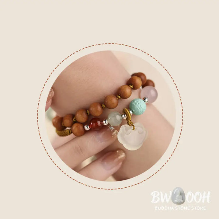 Buddha Stones Green Sandalwood Chalcedony Peace Buckle Charm Soothing Double Wrap Bracelet - BWOOOH - Bracelet