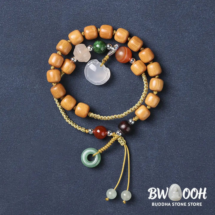 Buddha Stones Green Sandalwood Chalcedony Peace Buckle Charm Soothing Double Wrap Bracelet - BWOOOH - Bracelet