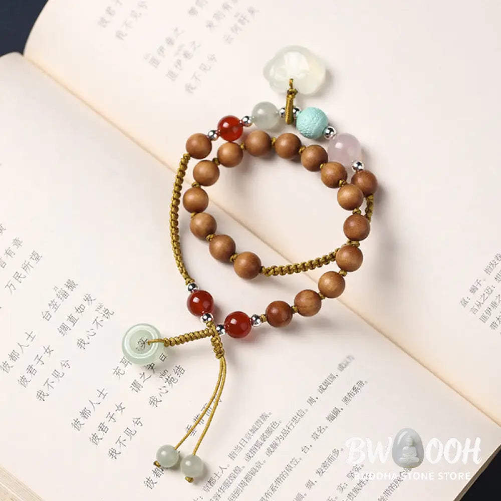 Buddha Stones Green Sandalwood Chalcedony Peace Buckle Charm Soothing Double Wrap Bracelet - BWOOOH - Bracelet