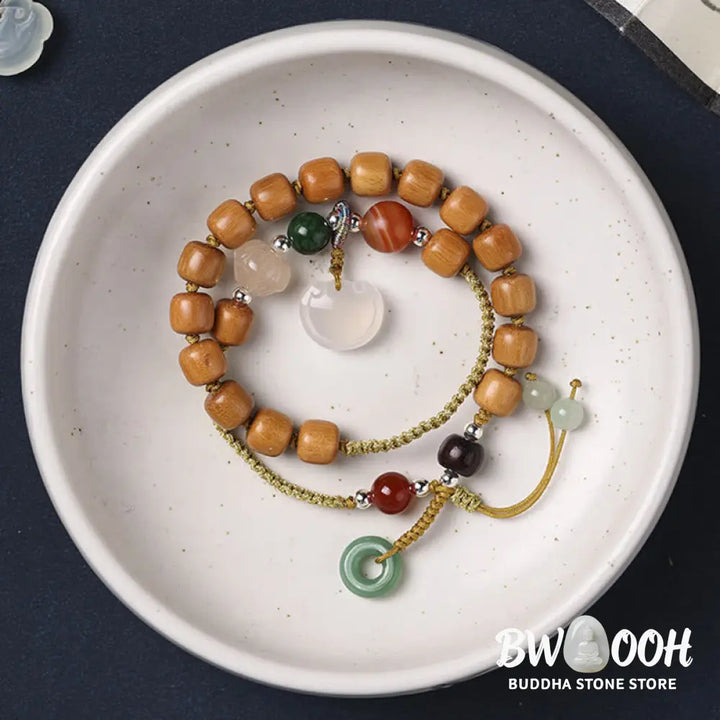 Buddha Stones Green Sandalwood Chalcedony Peace Buckle Charm Soothing Double Wrap Bracelet - BWOOOH - Bracelet