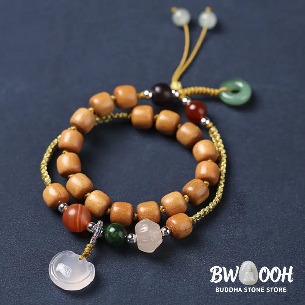 Buddha Stones Green Sandalwood Chalcedony Peace Buckle Charm Soothing Double Wrap Bracelet - BWOOOH - Bracelet