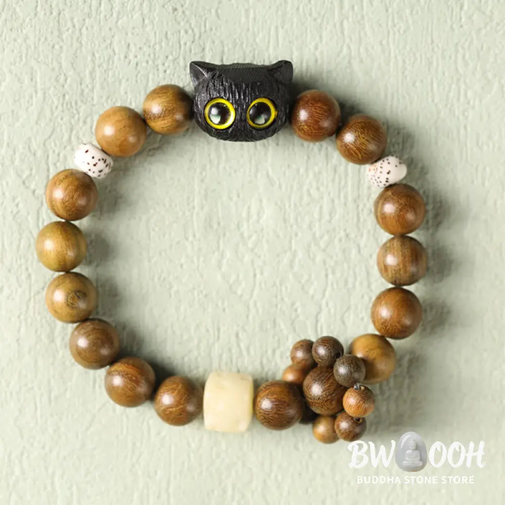 Buddha Stones Green Sandalwood Ebony Wood Cat Peace Soothing Bracelet - BWOOOH - Green Sandalwood(Cure♥Positive)(Wrist