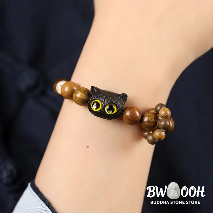 Buddha Stones Green Sandalwood Ebony Wood Cat Peace Soothing Bracelet - BWOOOH - Green Sandalwood(Cure♥Positive)(Wrist