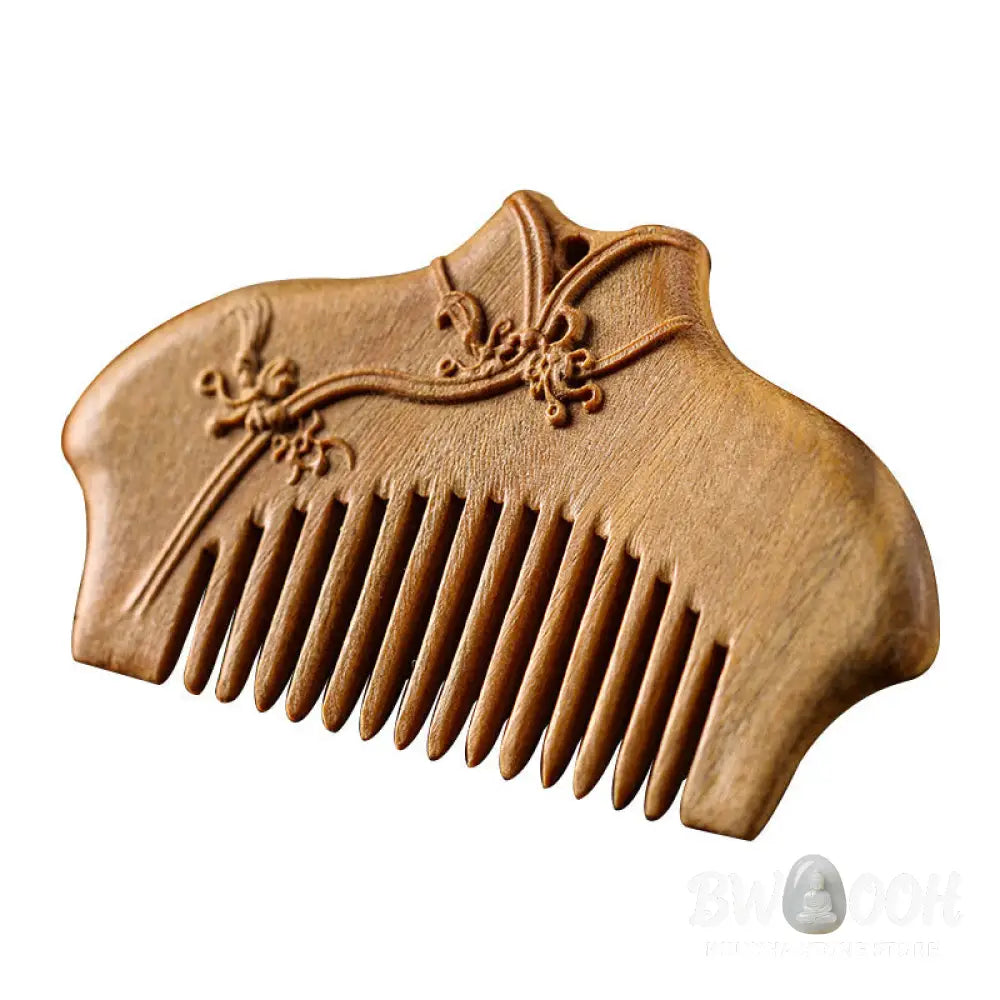 Buddha Stones Green Sandalwood Flower Pattern Engraved Soothing Comb - Comb