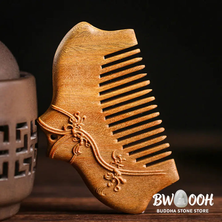 Buddha Stones Green Sandalwood Flower Pattern Engraved Soothing Comb - Comb