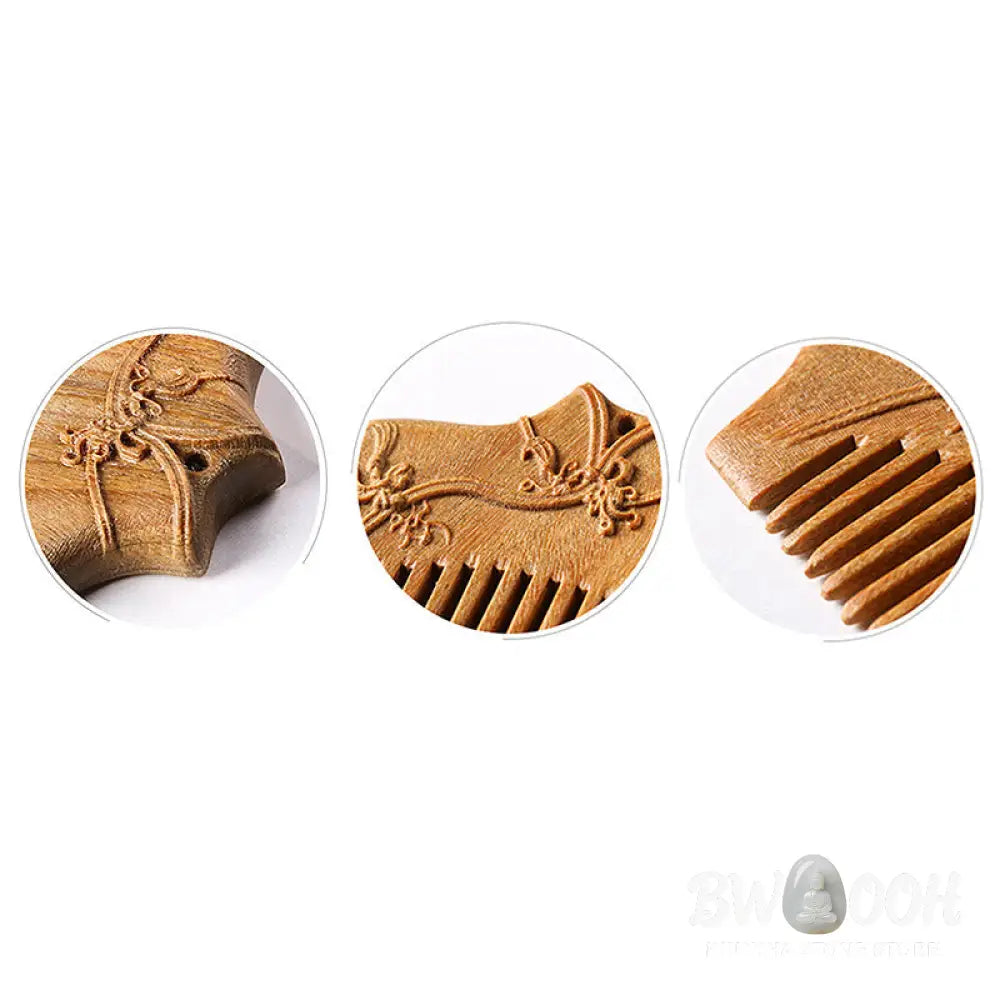 Buddha Stones Green Sandalwood Flower Pattern Engraved Soothing Comb - Comb