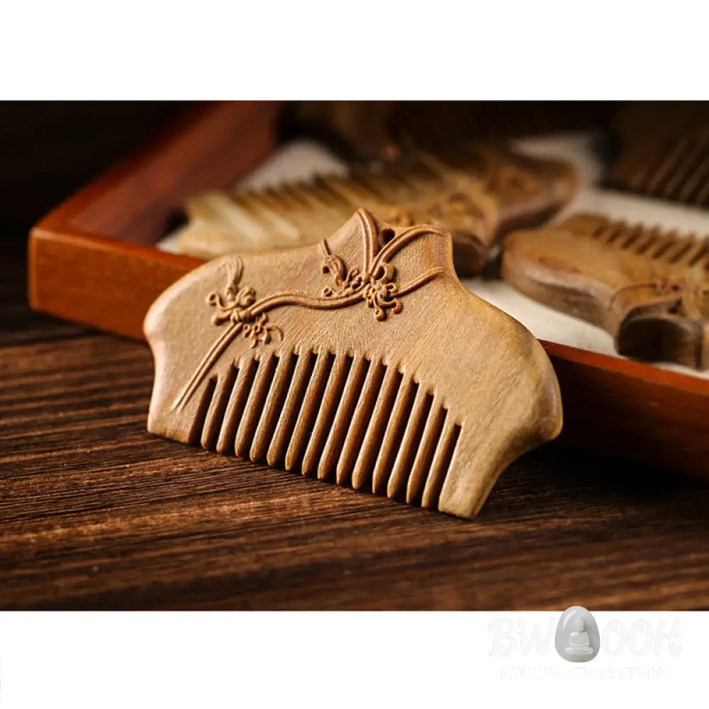Buddha Stones Green Sandalwood Flower Pattern Engraved Soothing Comb - Comb