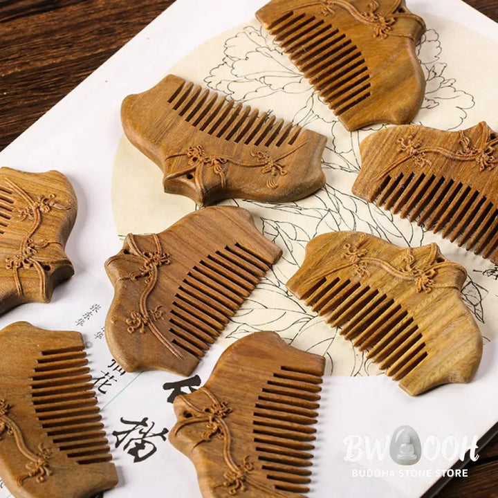 Buddha Stones Green Sandalwood Flower Pattern Engraved Soothing Comb - Comb