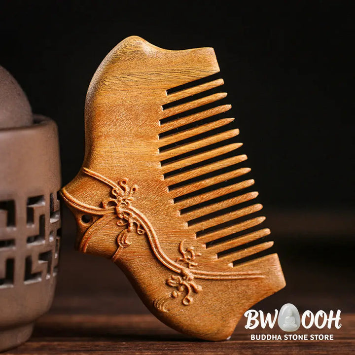 Buddha Stones Green Sandalwood Flower Pattern Engraved Soothing Comb - Comb