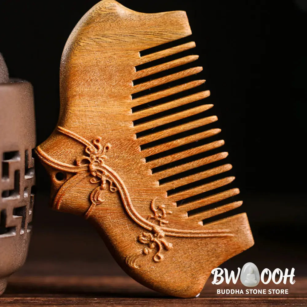 Buddha Stones Green Sandalwood Flower Pattern Engraved Soothing Comb - Comb
