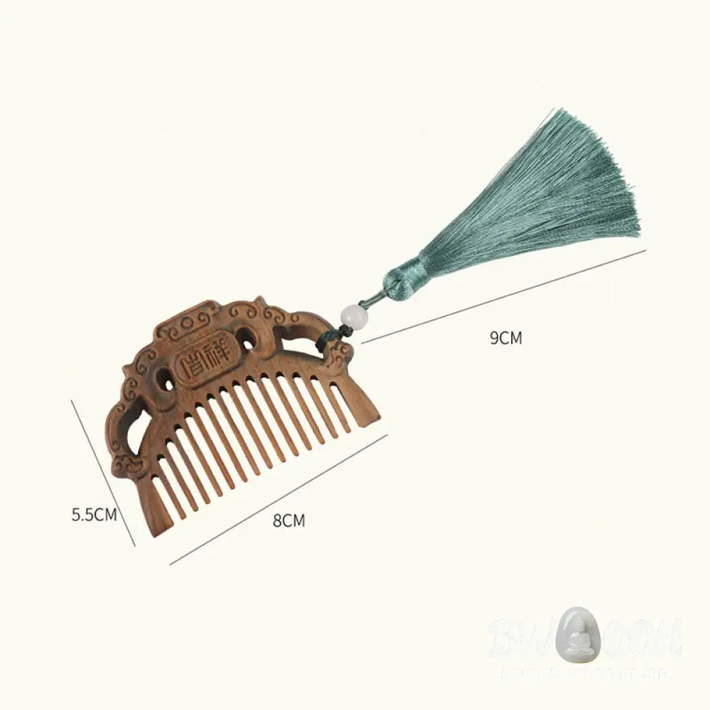 Buddha Stones Green Sandalwood Fox Peony Flower Lotus Engraved Cure Tassel Comb - Comb
