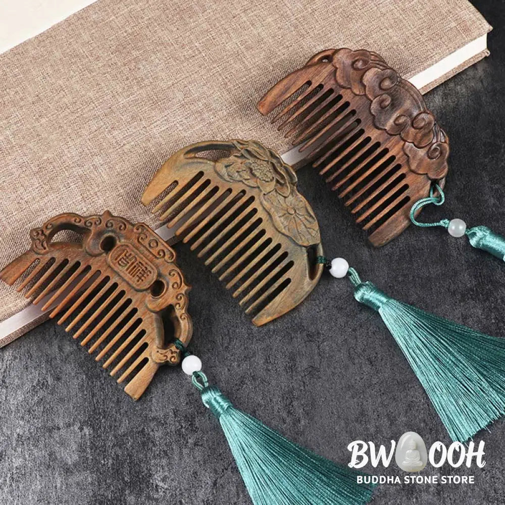 Buddha Stones Green Sandalwood Fox Peony Flower Lotus Engraved Cure Tassel Comb - Comb