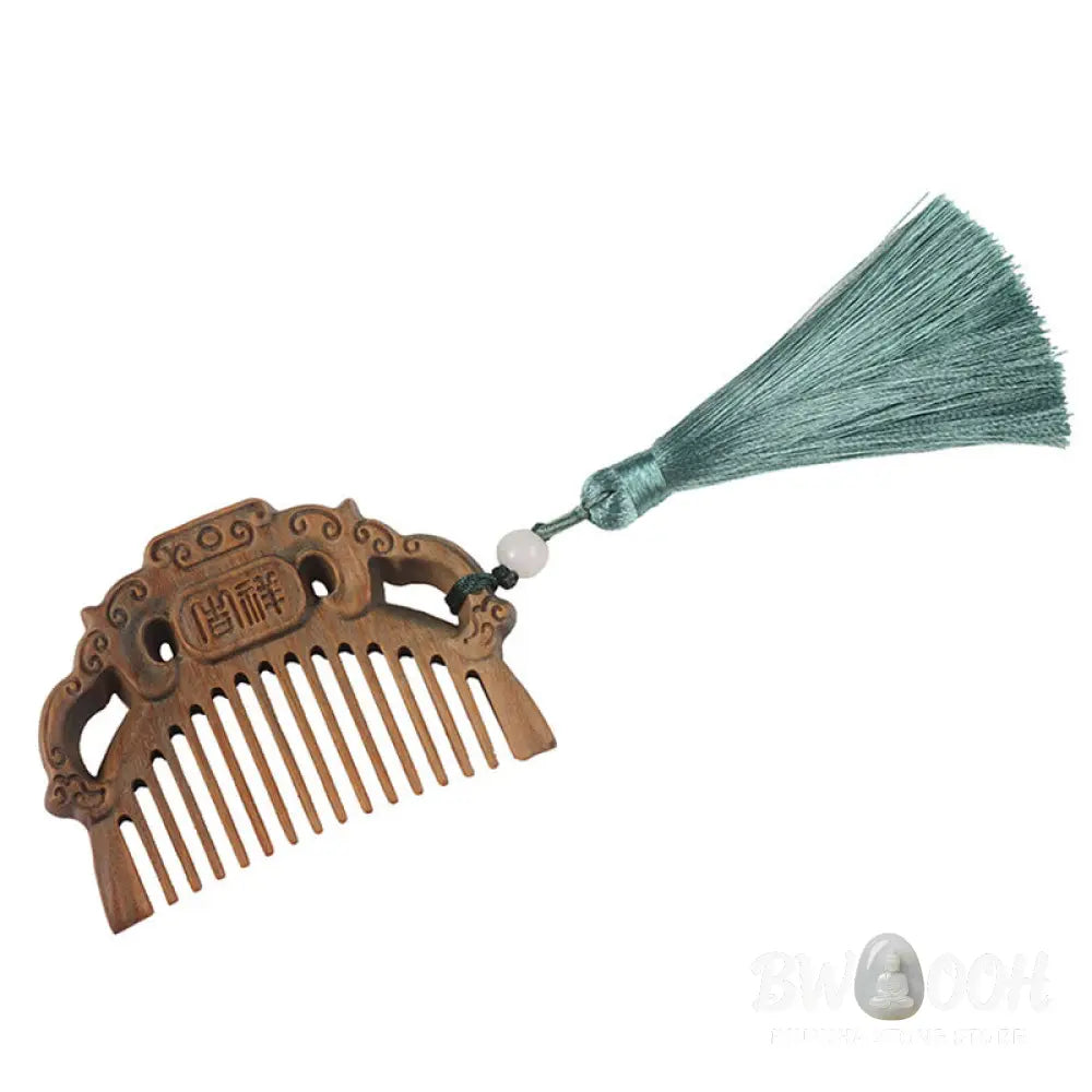 Buddha Stones Green Sandalwood Fox Peony Flower Lotus Engraved Cure Tassel Comb - Comb