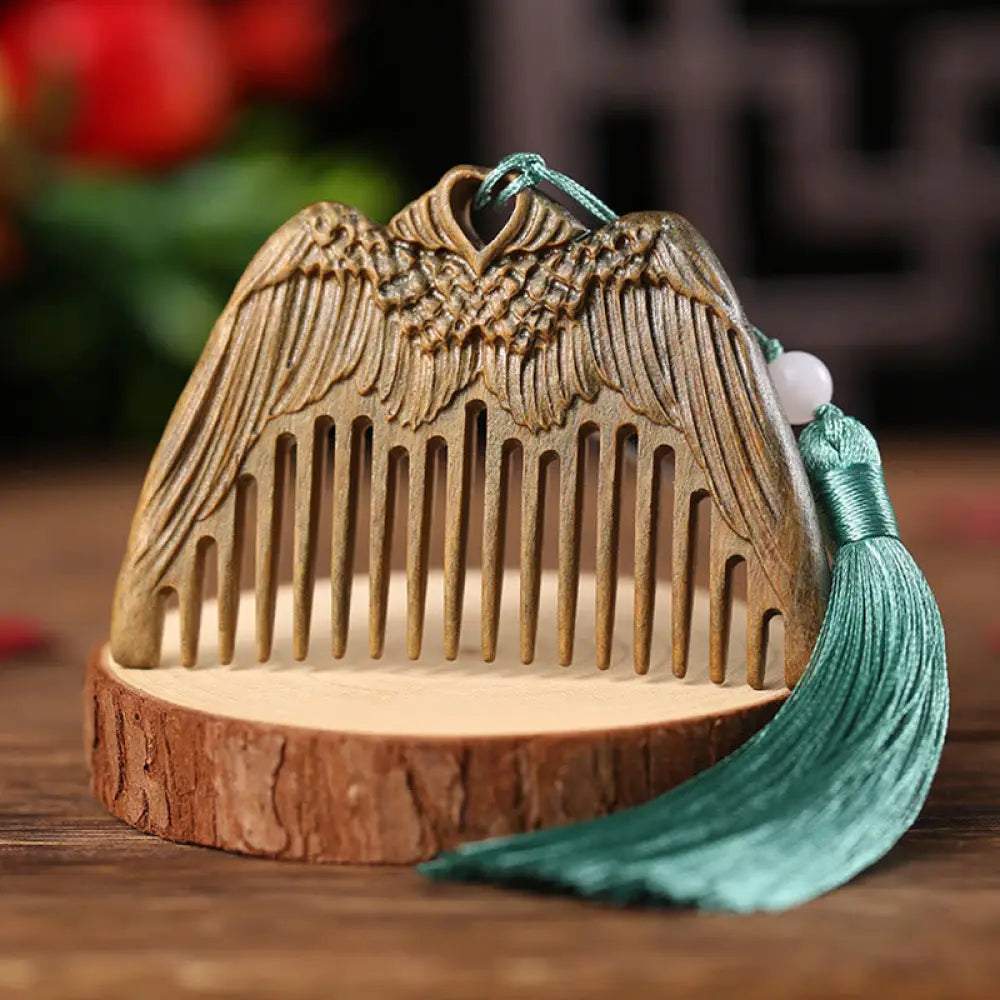 Buddha Stones Green Sandalwood Fox Peony Flower Lotus Engraved Cure Tassel Comb - Angel Wings Green Sandalwood - Comb