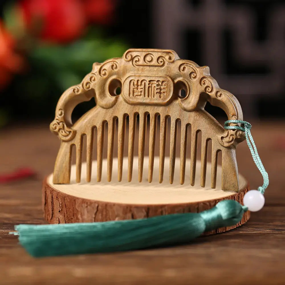 Buddha Stones Green Sandalwood Fox Peony Flower Lotus Engraved Cure Tassel Comb - Auspicious Green Sandalwood - Comb