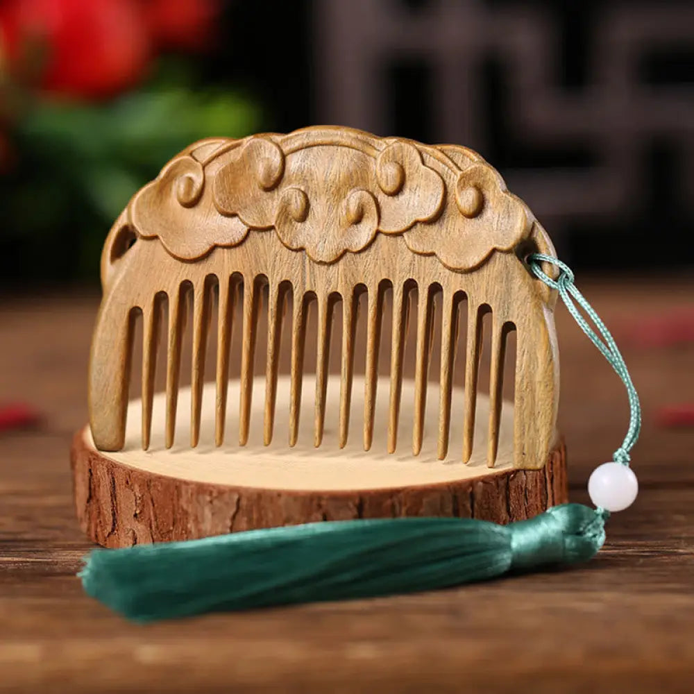 Buddha Stones Green Sandalwood Fox Peony Flower Lotus Engraved Cure Tassel Comb - Auspicious Clouds Green Sandalwood