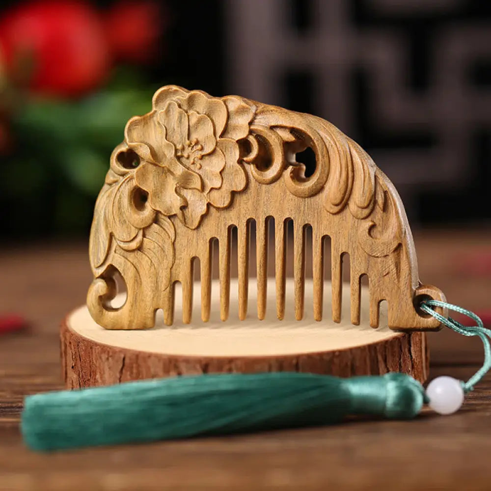 Buddha Stones Green Sandalwood Fox Peony Flower Lotus Engraved Cure Tassel Comb - Flowers Blooming Green Sandalwood