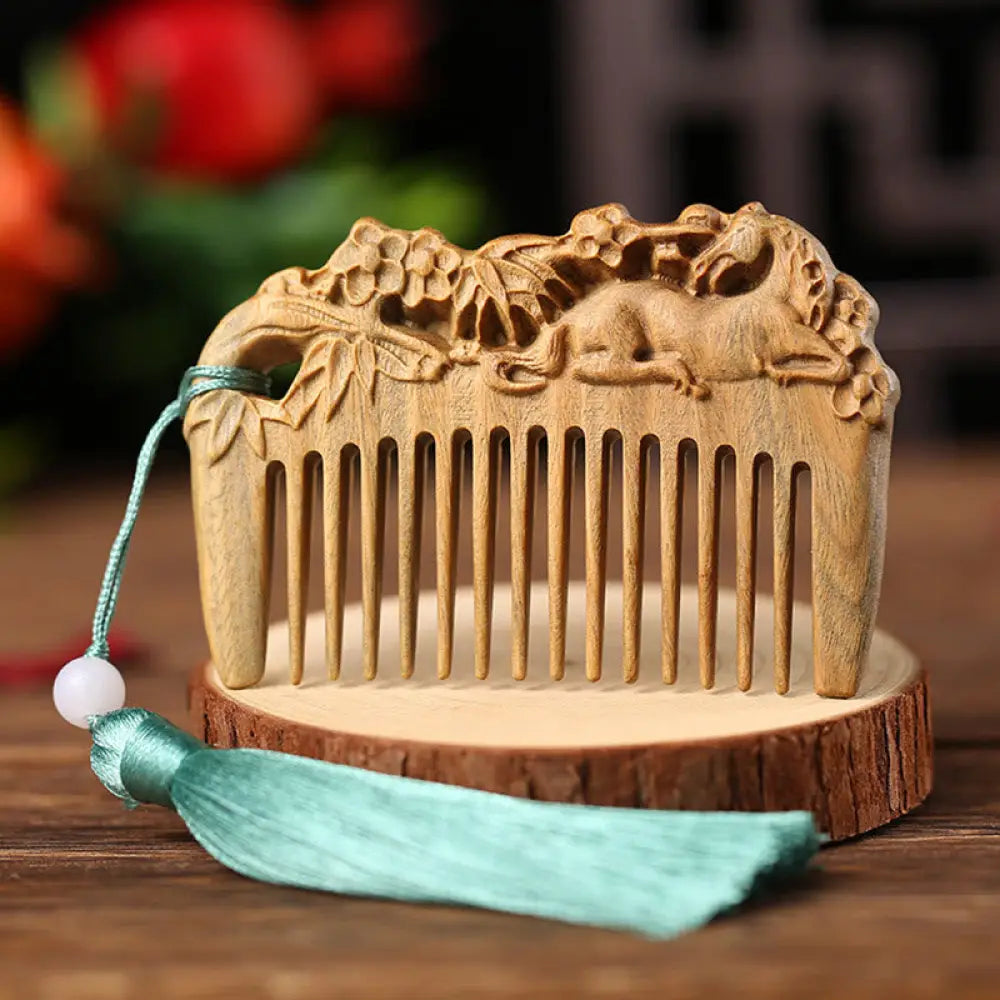 Buddha Stones Green Sandalwood Fox Peony Flower Lotus Engraved Cure Tassel Comb - Horse Green Sandalwood - Comb