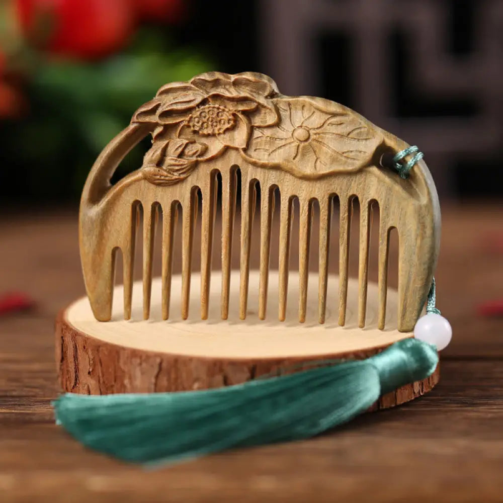 Buddha Stones Green Sandalwood Fox Peony Flower Lotus Engraved Cure Tassel Comb - Lotus Leaf Lotus Pod Green Sandalwood